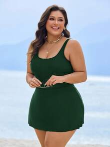 Swim Lushoire Plus Size Women Solid Color Casual Beach Romper Swimsuit - Dark Green - View 6