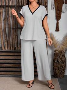 EMERY ROSE Top Solta de Malha com Decote em V e Manga Curta Colorblock em Plus Size para Mulheres, Combinada com Calças, Adequada para Uso Diário, Férias, Festa Casual, Confortável e Versátil, Elegante para Casa, Trabalho, Conjunto de 2 Peças - Caqui - Visão 3