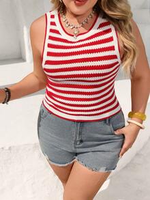 Vivid Eden 女士休闲优雅浪漫条纹针织弹力圆领衬衫，适合春夏穿着 - 紅白色 - 查看 1