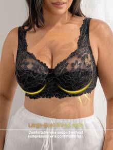 DesireSculpt 1pc Women Plus Size Black Floral Lace Mesh Patchwork Underwire Bra, Summer Soft Cup Pushup Bra With Breathable Foam For Lift Up Support - Black - View 3