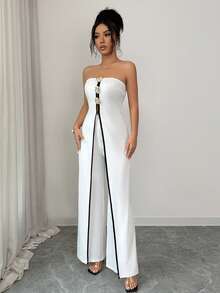 Rafferiza Modern Minimalist White Strapless Jumpsuit: Black-Accented Split Wide-Leg Silhouette With Ornate Metal Fasteners – Polished Elegance For Office & Elevated Daily Wear - White - View 5