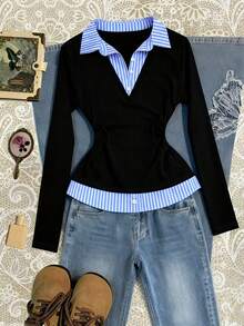 SHEIN Áo thun nữ cổ bẻ tay dài họa tiết sọc - Nhiều màu - Xem 3