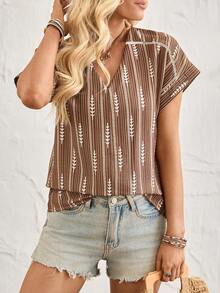 Breezaya Vacation & Work Commute Bohemian Striped & Geometric Print Shirt, Spring/Summer - Brown - View 4