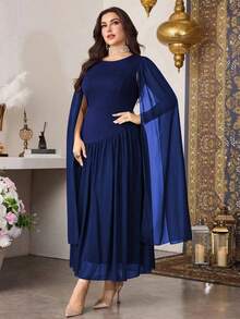 Modelyn Elegant Solid Color Round Neck Extra Long Sleeve Fitted Chiffon Patchwork Maxi Dress, Spring/Autumn, Plus Size - Navy Blue - View 3