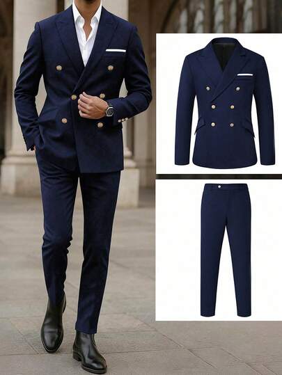 Manfinity Mode ชุดสูททวิลล์ทอปกกล้วยหอมสองกระดุมสีดำสำหรับผู้ชาย