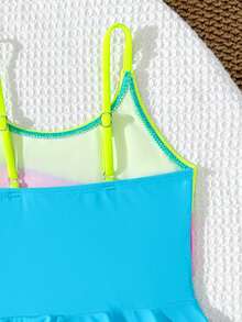 SHEIN Young Girl Patchwork Color Block One-Piece Swimsuit With Skirt,Neon Bright Colors Kids Swim Dress For Tweens,Summer Beach Holiday Bathing Suits - Multicolor - View 5