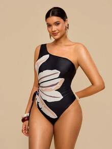 Travachic 大码女士印花连体泳衣，时尚海滩度假之选 - 黑色 - 查看 4