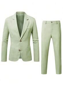 Manfinity Mode 男士极简通勤翻领单排扣西装外套和裤子套装 - 綠色 - 查看 4