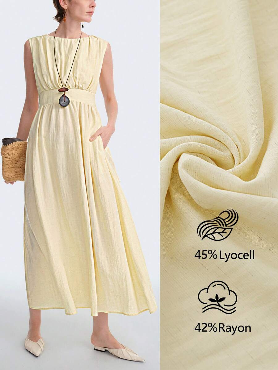 Aalyst Women's Solid Color Pleated Elegant Waist Cinched Long Dress For Party And Occasions, Spring/Summer