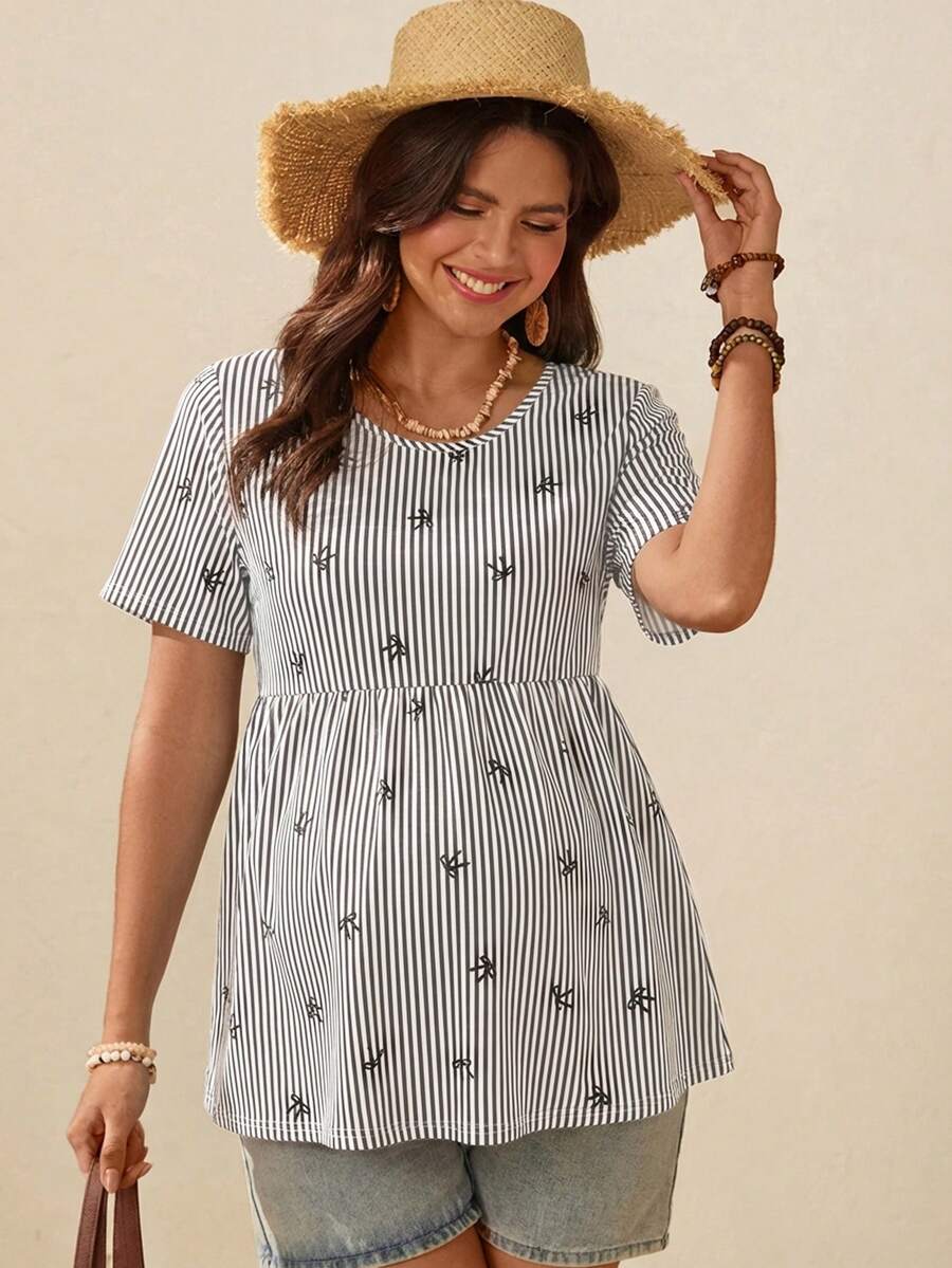 SHEIN 孕妇度假休闲条纹蝴蝶结印花衬衫 - 黑與白 - 查看 1