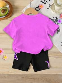 1 Set Tween Girls Casual K-POP Idol Anime Girl Group Graphic T-Shirt, Paired With Star Print Black Skinny Shorts, Stylish & Fashionable Summer Outfits - Multicolor - View 2