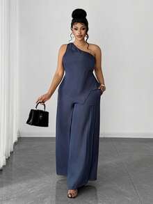 Maweii Setelan 2 Potong Efek Denim Asimetris Bahu Seksi Ukuran Plus - Navy Blue - View 5