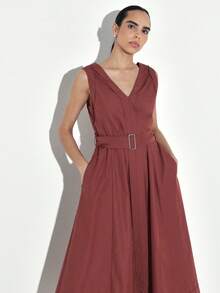 KSTM Women's V-Neck Sleeveless A-Line Midi Dress With Belt Detail And High Low Hem Perfect For Events And Special Occasions - Redwood - View 4