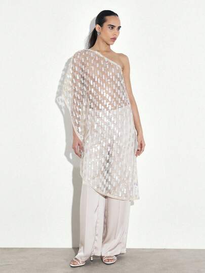 KSTM 女士单肩亮片长款连衣裙，不对称设计，适合晚宴、鸡尾酒会、正式场合，优雅飘逸。