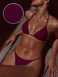 Swim Vcay 女士串珠装饰露背系带性感比基尼套装，闪亮面料，适合海滩度假 - 酒紅色 - 查看 3