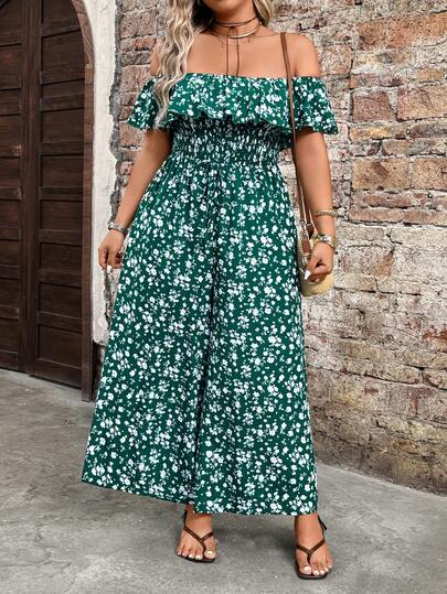 Breezaya 大码休闲度假露肩碎花连体裤，带口袋