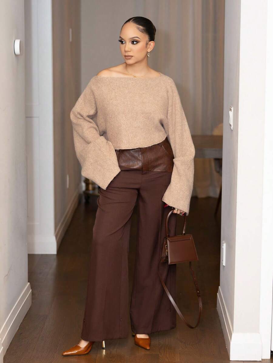 Melissa Matos 2025新款时尚宽松休闲简约连体设计针织罩衫 - 駝色 - 查看 1