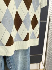 Franclia 新款春夏复古学院风撞色格纹针织套头毛衣（女款） - 奶油色 - 查看 3