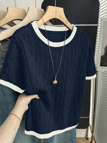 Franclia New Arrival Casual Loose Korean Style Round Neck Cable Knit Contrast Color Pullover Sweater For Women, Autumn/Spring - Royal Blue - View 6