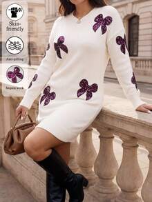 Juhart 大码女式纯色针织圆领亮片刺绣休闲优雅毛衣连衣裙，适合圣诞节、返校季、浪漫假期、办公穿着。 - 杏色 - 查看 3