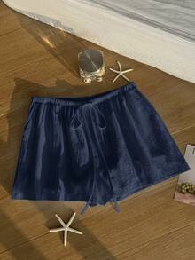 Comfortcana Plus Size Casual Loose Drawstring Solid Color Comfortable Shorts, Spring/Summer - Navy Blue - View 8