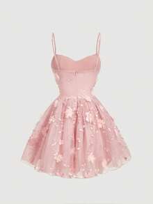 SHEIN MOD Vestido mini de fiesta rosa con pliegues y diseño floral 3D - Rosa - Ver 5