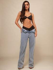 Silquee 女士纯色V腰蕾丝性感丁字裤 - 黑色 - 查看 3