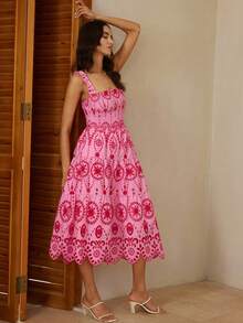 Aveloria Rosie 2026新款高端优雅复古法式镂空刺绣腰部拼接无袖露背长裙，浪漫乡村风情，柔软面料，层叠裙摆，适合春夏度假、野餐、户外婚礼、海滩度假村、花园派对等场合，展现甜美、活泼、精致优雅的气质，兼具舒适性和视觉装饰性。女士夏季连衣裙、女士吊带裙、女士夏季套装、女士春季连衣裙、女士野餐裙 - 粉色 - 查看 1