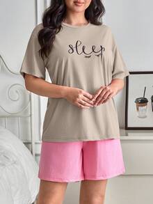 SHEIN Cotton Plus Women 2 Pcs Pink Contrast Colour Sleep Lettered Pattern Detail Top& Elastic Waist Solid Shorts Homewear Casual Pajama Sleep Lounge Set - Beige - View 3