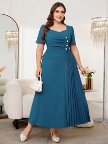 Reflora 大码优雅褶裥拼接中长连衣裙 - 藍色 - 查看 11