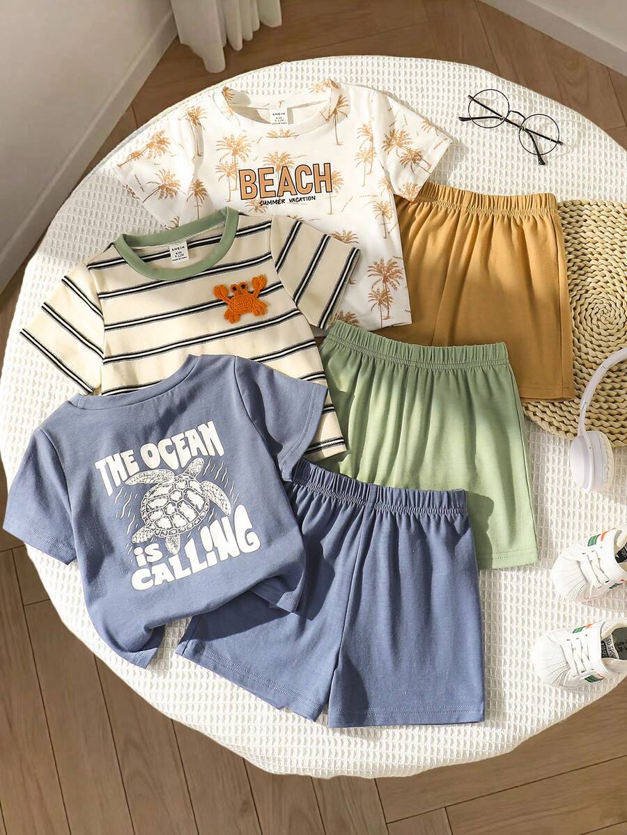 SHEIN Bộ 6 món cho bé trai/bé gái mùa hè, kiểu dáng thường ngày, in hình cây dừa, rùa, cua hoạt hình, áo và quần short, bộ đồ đi nghỉ mát nhiều món, bộ đồ cơ bản nhiều món. - Nhiều màu - Xem 1