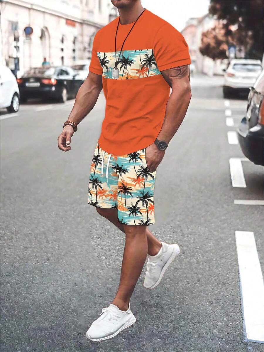 NEOREFINED Orange Tropical Palm Tree Beach Print Men's Crew Neck Short Sleeve T-Shirt Set, Men's American Beach Crew Neck Orange T-Shirt Set - Multicolor - View 1