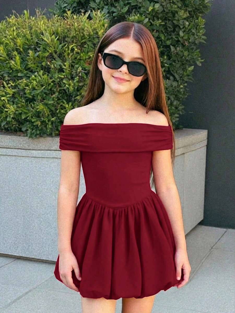 Firerie Kids 少女露肩收腰公主裙,休闲日常穿着,正式场合,派对礼服,生日姐妹装,适合女孩日常穿着、假期、家庭聚会和特殊场合,姐妹装风格,春夏款,可爱、优雅、甜美、复古、时尚。适合妈妈、女儿和姐妹的亲子装。 - 酒紅色 - 查看 1