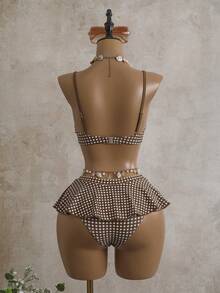 Swim Mod 夏季女士两件式格子印花带钢圈吊带泳衣，米色 - 咖啡棕 - 查看 3