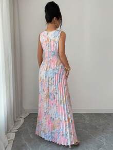 Elenzga Đầm nữ cổ chữ V khoét lỗ xếp ly không tay - Hồng - Xem 2