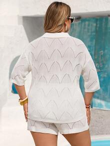 Vivid Eden Conjunto de top de punto y shorts de unicolor informal de talla grande - Blanco - Ver 2