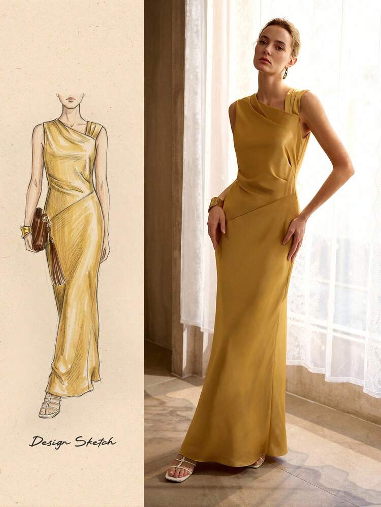 ELEGANT SLEEVELESS ASYMMETRIC COLLAR FITTED DRESS, VINTAGE STYLE, SUITABLE FOR PARTY AND GATHERING, SPRING/SUMMER