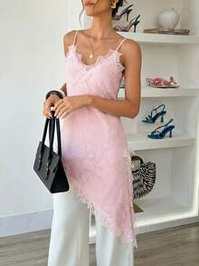 Elouméa Women's Elegant Lace Asymmetric Hem V-Neck Camisole, Suitable For Vacation, Daily Wear, Date, Spring/Summer - Pink - View 5