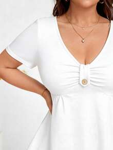 Rometta Plus Size Women V-Neck Short Sleeve Pleated Casual T-Shirt - White - View 5