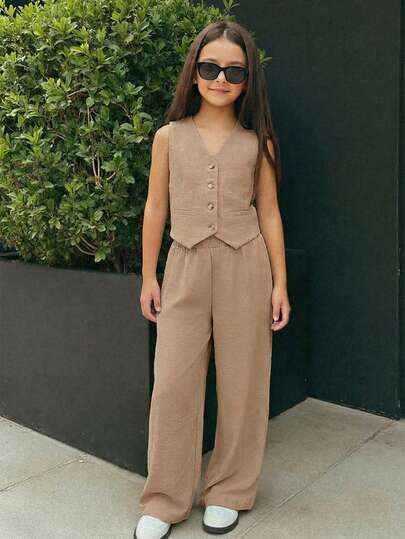 Firerie Kids Firerie Kids Pantalones rectos de pierna ancha con estampado de rayas tejido, estilo casual y elegante para niñas preadolescentes, adecuado para ir a la escuela o pasear