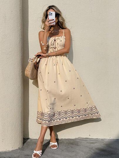 Serisse Embroidered Spaghetti Strap Midi Dress – Women's Summer Flowy A-Line Sundress Women's Floral Print Twist Ruched Maxi Cami Dress, Fashionable For Dates And Parties,Summer,Spring,Festival, Party, Beach,Wedding, Graduation,Going Out,Prom, Birthday, Elegant ,Vacation, Casual, Formal