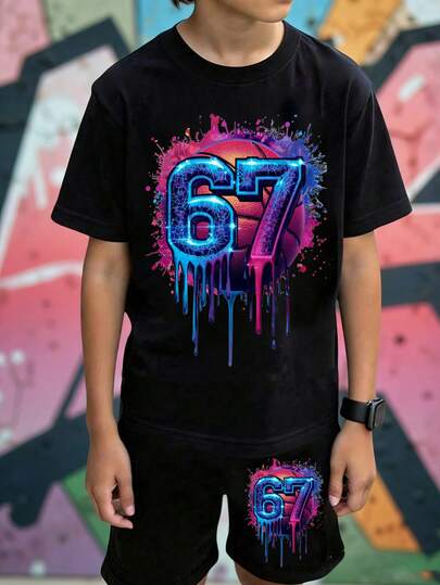 1 Set Tween Boy Casual Comfortable Fashion Minimalist Versatile Creative Fun Graffiti Basketball & Number "67" Letter Print Basic Short Sleeve T-Shirt & Shorts 2-Piece Outfit, Suitable For Boys Outdoor Sports