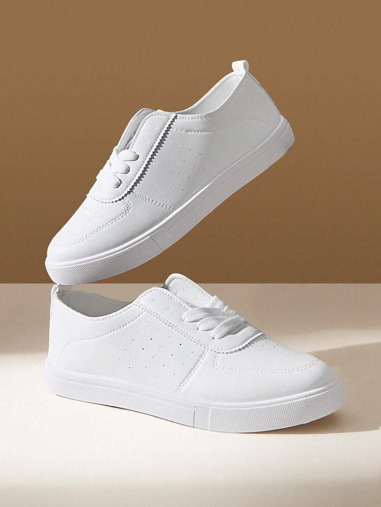 CUCCOO EASI Women Shoes Lace-Up Breathable Round Toe Flat-Bottomed Sports And Leisure Shoes Simple And Comfortable PU Leather White Casual Sports Shoes White Shoes Daily Outdoor Sports And Leisure