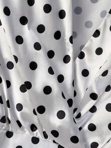 Franclia 2026 New Summer White Satin Polka Dot Short Sleeve Shirt, V-Neck Elegant Unique Design Cropped Top - White - View 5