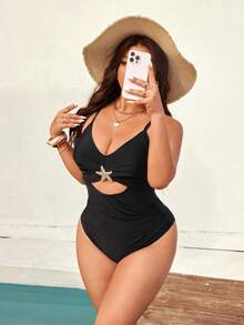 Swim Vcay Maiô elegante de uma peça para mulheres plus size com joias em ouro maciço. - Preto - Ver 3