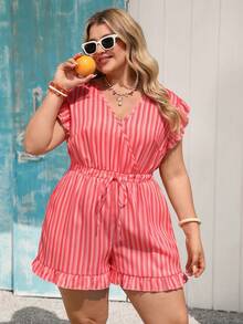 Vivid Eden Plus Size Striped Frill Trim Jumpsuit,Women's Red Summer Boho Satin Vacation Holiday Casual Beach Outfits, Festival Zoey Zante Zanzea Dress - Red - View 2