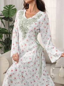 Al Najma Đầm tay loe cổ chữ V họa tiết hoa phối màu tie-dye, kiểu Ả Rập, mùa xuân/hè. - màu xanh lá - Xem 4