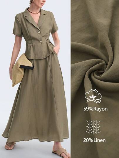 Aalyst 2pcs Women's Military Green Linen Collared Shirt With Front Metal Buttons And Elastic Waist, Paired With Elastic Waist A-Line Maxi Skirt, Elegant French Romantic Vintage Office/Commute Outfit, Suitable For Business, Beach, Casual, Spring/Summer