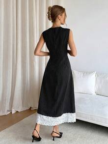Siren Gaze Damen gestreiftes Spitzen-Patchwork elegantes tailliertes langes Kleid, geeignet für Dates und Partys - Schwarz - Übersicht 2