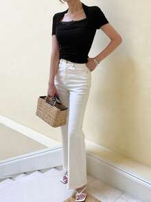 DAZY Áo thun nữ tay ngắn dáng ôm, màu trơn, phối lưới, màu đen, thích hợp mặc đi chơi mùa xuân/hè. - màu đen - Xem 7